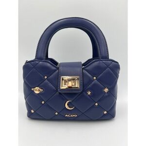 ALDO Quilted Navy Blue Satchel Bag Celestial Moon Star Planet Gold Accents